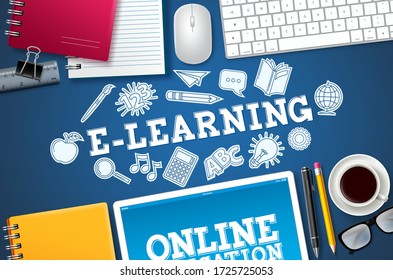 E-learning online school vector banner. E-learning text with computer elements and school items in blue background for home distance digital school. Vector illustration.
