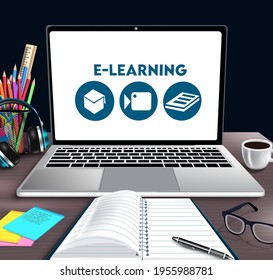 E-learning online school vector banner design. E-learning text in laptop device with educational tools elements like notebook, ballpen and glasses for home class study background. Vector illustration