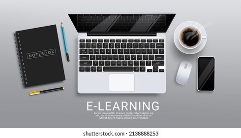 Elearning online school vector design. E-learning text with online education elements of laptop, phone and mouse for home distance educational learning. Vector illustration.  
