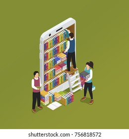 E-learning online with smartphone isometric symbolic composition with library mobile phone screen forming bookshelves vector illustration 