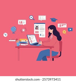 E-learning and Online Study Concept 2D Vector Illustration