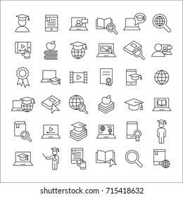 e-learning and online study thin line icons black set on white background