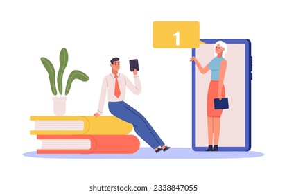 E-learning, online study, webinar, e-library and mobile courses. Vector of education and webinar, training e-learning illustration