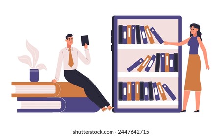 E-Learning, Online-Studium, Webinar, E-Archiv, Lesebuch. Vektorgrafik von Wissen Online, Studium und Ausbildung Webinar, Book Archiv College, E-Learning University Illustration