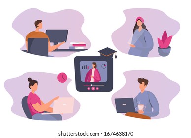 E-Learning Online Styding.Freelancers Working on Laptop,Computer.Online Course or Watching Webinar.Students with Laptops.Online Teacher on Huge Computer Monitor with Graduation Cap.Vector Illustration