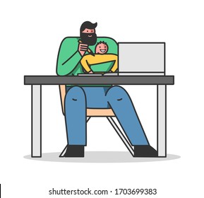 Elearning, Online Testing Form Concept. Father Helps To His Little Son To Learn A Course. Character Use Modern Technologies For Online Self Education. Cartoon Linear Outline Flat Vector Illustration