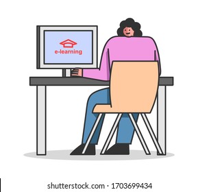 Elearning, Online Testing Form Concept. Woman Takes A Remote Online Course. Girl Use Modern Technologies And Gadgets For Online Self Education. Cartoon Linear Outline Flat Style. Vector Illustration