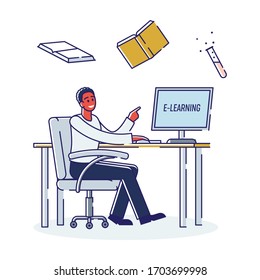 Elearning, Online Testing Form Concept. Boy Student Takes A Course. Character Learns Favorite Profession Remotely. Self Education, Online Exam. Cartoon Linear Outline Flat Style. Vector Illustration