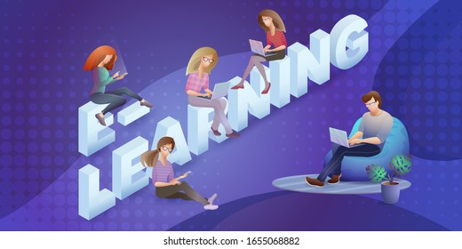 E-learning and online training concept. Isometric letters E-learning, people with digital gadgets and laptops. Landing page template with cartoon characters.
