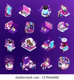 E-learning Online Training Education Virtual Library Distant Tutors Glow Isometric Icons Set Purple Background Vector Illustration 