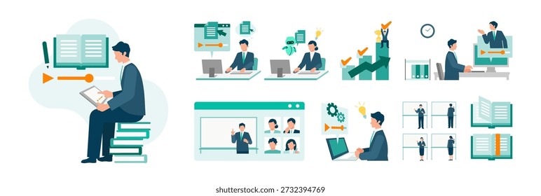 E-learning e treinamento online ilustração conjunto de pessoas de negócios que estudam remotamente, educação corporativa, requalificação, aprendizagem LMS, desenvolvimento de habilidades e treinamento moderno da força de trabalho