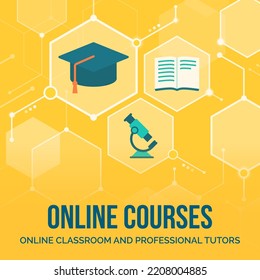 E-learning platform, digital education and online courses, abstract background with icons in a network, copy space