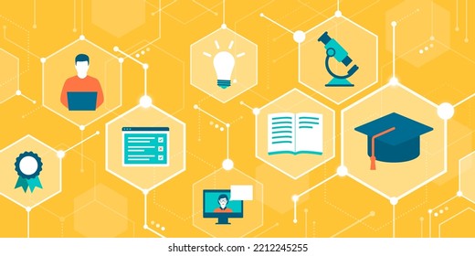 E-learning platform, digital education and online courses, abstract background with icons in a network