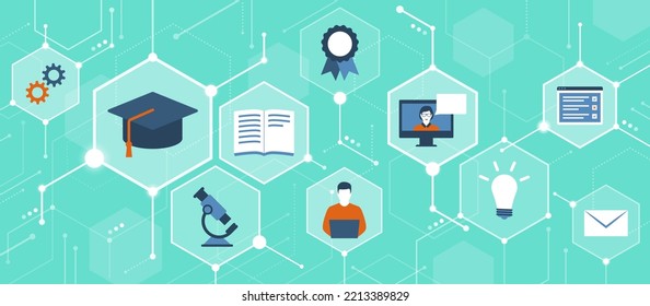 E-learning platform, digital education and online courses, abstract background with icons in a network