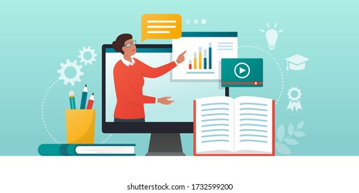 E-learning platform and distance learning: professor connecting online and streaming her video course on a website platform