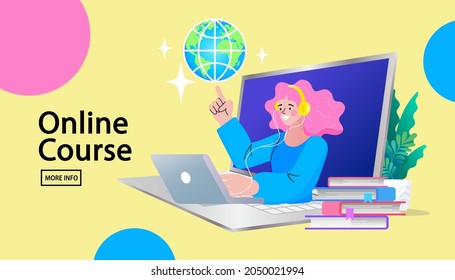 E-learning platform. Distance lessons, video course, internet class. teacher service for home education with female mentor. Professor connecting online and streaming. vector illustration.