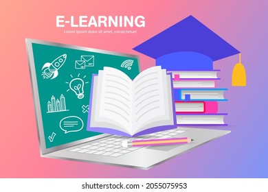 E-learning platform. Distance lessons, video course, internet class. teacher service for home education. Professor connecting online and streaming. Home education. remote university graduation. vector