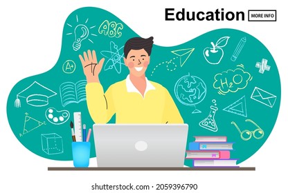 E-learning platform. Distance lessons, video course, internet class. teacher service for home education with female mentor. Professor connecting online and streaming. vector illustration.