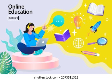 E-learning platform. Distance lessons, video course, internet class. teacher service for home education with female mentor. Professor connecting online and streaming. vector illustration.