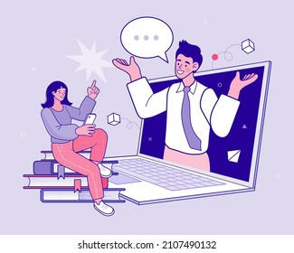 E-learning platform. Distance lessons, video course, internet class. teacher service for home education with female mentor. Professor connecting online and streaming. vector outline illustration.