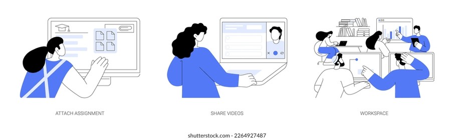 E-learning platform features abstract concept vector illustration set. Attach assignment, share videos, workspace in virtual classroom, distance training and video conferencing abstract metaphor.