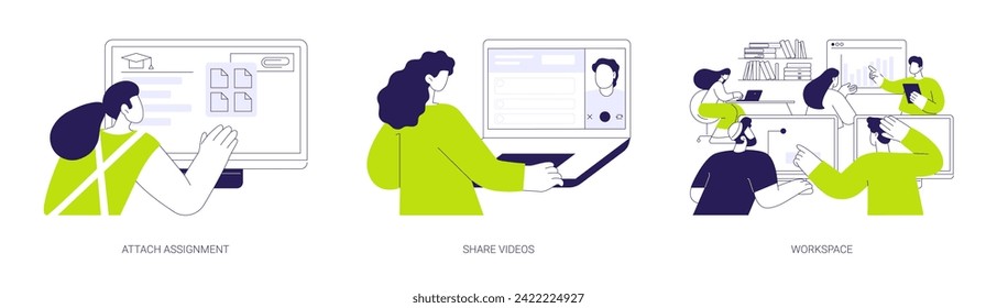 E-learning platform features abstract concept vector illustration set. Attach assignment, share videos, workspace in virtual classroom, distance training and video conferencing abstract metaphor.