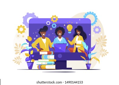 E-learning platform, online course, Students in Caps Happy to Finish University Education Vector Illustration, Banner, Group of Diverse International Graduating Students Celebrating, Alumni.