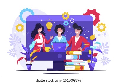 E-learning platform, online course, Students in Caps Happy to Finish University Education Vector Illustration, Banner, Group of Diverse International Graduating Students Celebrating, Alumni.