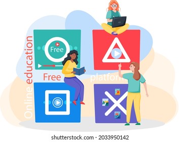 E-learning platform and online courses on laptop and smartphone, innovative education concept. Free lecture, students study by webinar training with video session, tutorial podcast vector banners set