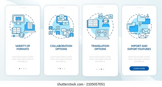 Elearning platforms features blue onboarding mobile app screen. Walkthrough 4 steps graphic instructions pages with linear concepts. UI, UX, GUI template. Myriad Pro-Bold, Regular fonts used