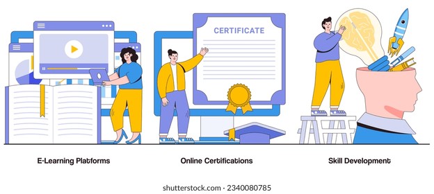 E-Learning Platforms, Online Certifications, Skill Development Concept with Character. Digital Education Abstract Vector Illustration Set. Empowerment, Career Growth, Continuous Learning Metaphor.