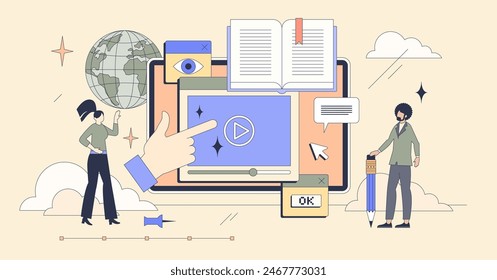 E-learning platforms using online websites tiny person neubrutalism concept. Education and learning software for distant knowledge and academic growth vector illustration. Digital training course.