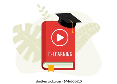 E-learning with play video icon on red cover book and graduation cap. Academy hat on online education studying and internet teaching webinar concept. Vector flat illustration