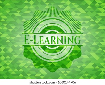 E-Learning realistic green emblem. Mosaic background