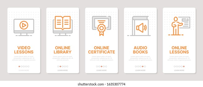 E-learning realted vertical cards. Mobile app onboarding screens Templates for a website. Icons with editable stroke