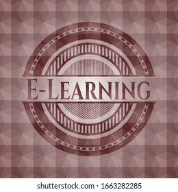 E-Learning red emblem or badge with abstract geometric polygonal pattern background. Seamless.