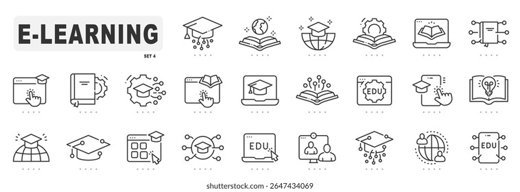 Ícones de linha relacionados ao e-learning. Educação, on-line, seminário, conferência etc. Traçado editável