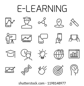 E-learning related vector icon set. Well-crafted sign in thin line style with editable stroke. Vector symbols isolated on a white background. Simple pictograms.