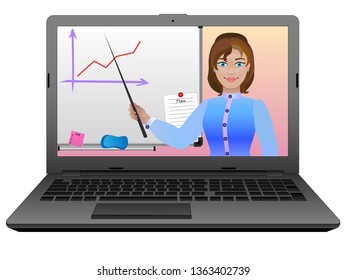 E-learning. Remote or distance learning with the help of the Internet and a laptop. The teacher conducts a lesson online. The teacher explains the lesson at the blackboard.