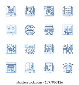 Elearning, remote education linear vector icons set. Webinar, Internet lesson, video tutorial contour symbols isolated pack. Online course, school distance class thin line illustrations