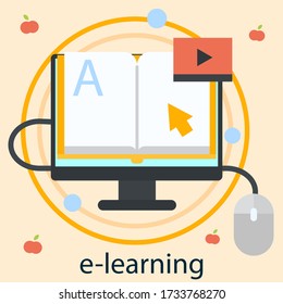 e-learning, research through Internet, concept school education and acquisition knowledge onlain, cartoon vector illustration. University studies by computer and e-books and other mobile devices.