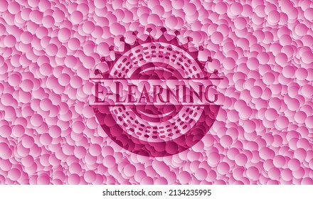E-Learning retro style pink emblem with bubbles background. Vector Illustration. Detailed. 