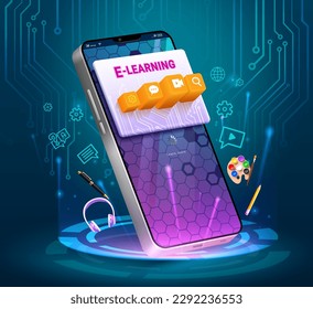 Diseño vectorial de escuela de aprendizaje electrónico. Dispositivo escolar de aprendizaje de tecnología de telefonía móvil para cursos en línea de estudiantes. Ilustración vectorial de vuelta al concepto de publicidad eLearning escolar. 