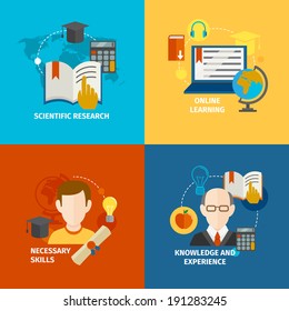 E-learning scientific research knowledge and experience flat icons set isolated vector illustration