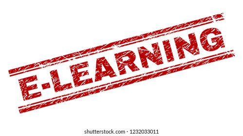 E-LEARNING seal stamp with grunge texture. Red vector rubber print of E-LEARNING title with grunge texture. Text title is placed between double parallel lines.
