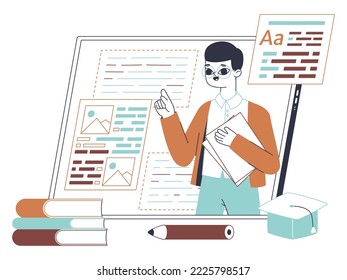 E-learning service, online school education, web class. Teacher on gadget screen provide educational service, studying web platform app isolated flat vector illustration on white background