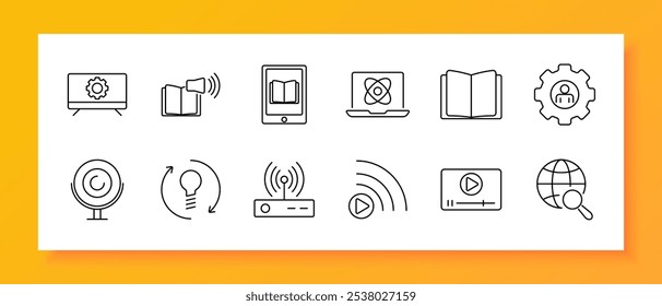 E-learning set icon. Computer, audio book, tablet, laptop, book, settings, globe, play button, internet, online course, webcam. Tools and symbols for online education, courses, and digital learning