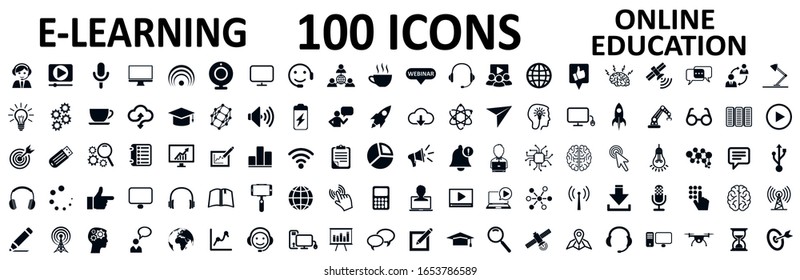 E-learning set icons, online education signs – stock vector