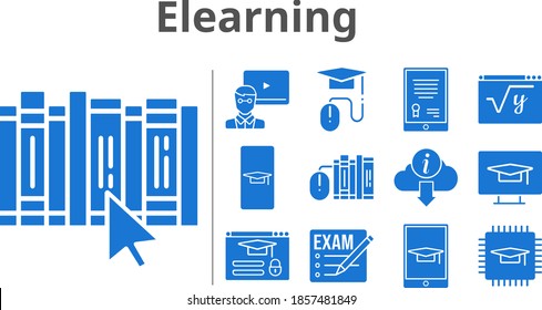 elearning set. included chip, maths, book, student-desktop, login, exam, student-smartphone, tablet, teacher, books, elearning, student-tablet, information icons. filled styles.