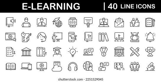 Juego de e-learning de iconos web en estilo de línea. Iconos de educación en línea para aplicaciones web y móviles. Aprendizaje a distancia, video tutorial, conferencia en línea, escuela, universidad, webinar. Ilustración del vector